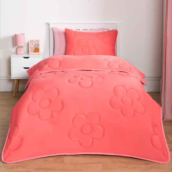 OHS Coverless Daisy Quilted 7.5 Tog Duvet Set, Coral Pink - Single