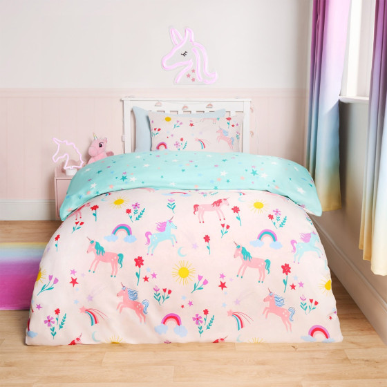 OHS Unicorn Magic Reversible Duvet Set, Pink/Blue - Single