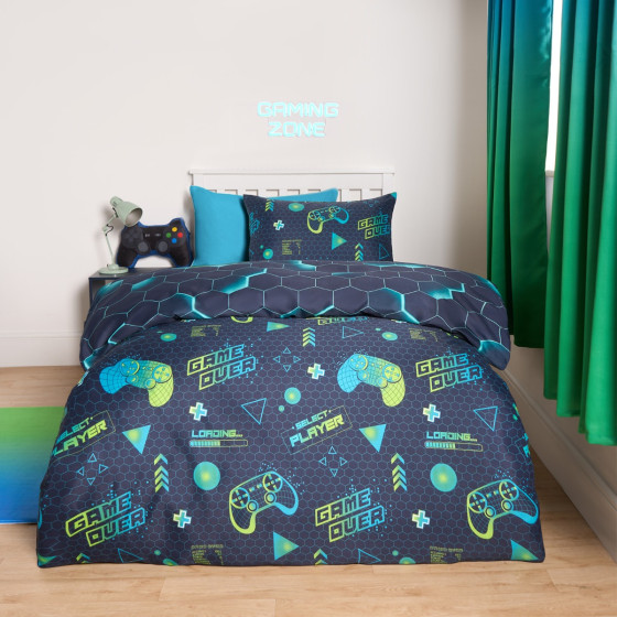 OHS Neon Gaming Duvet Set, Green/Blue - Double