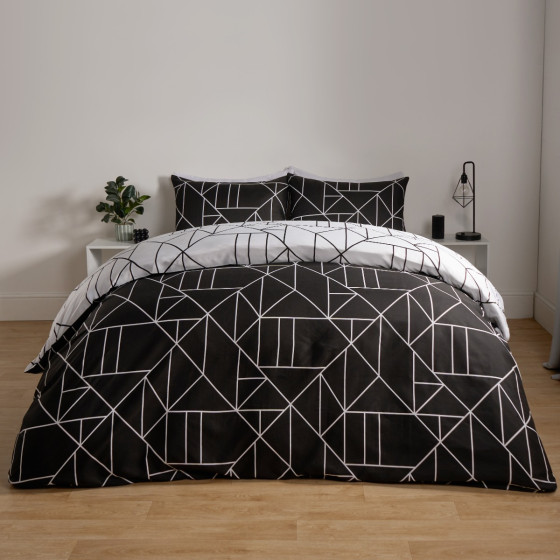 OHS Geometric Print Duvet Cover Set, Black - Single 