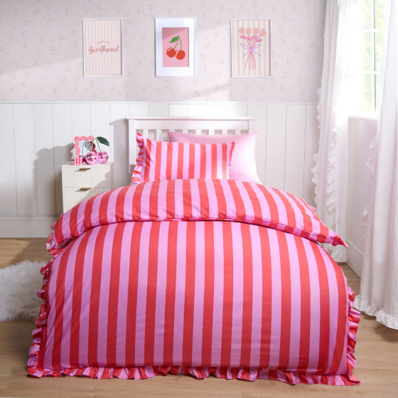 OHS Stripe Frill Duvet Cover Set, Pink/Red - Double