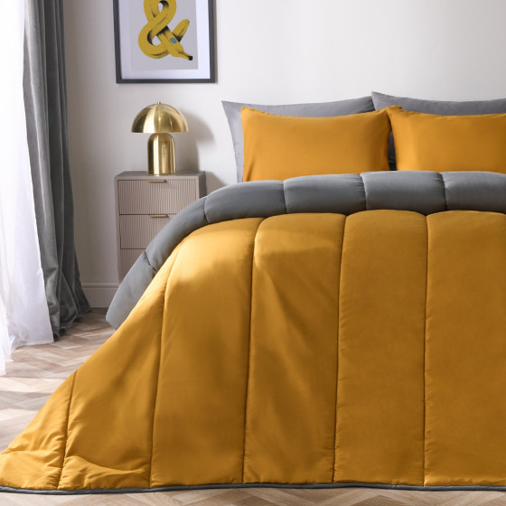 OHS Coverless 10.5 Tog Reversible Duvet & Pillowcase, Grey/Ochre - Single