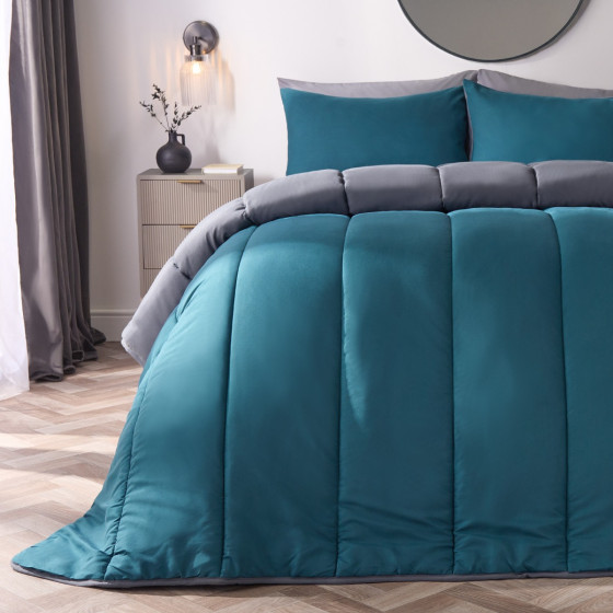 OHS Coverless 10.5 Tog Reversible Duvet & Pillowcase, Teal/Grey - Double
