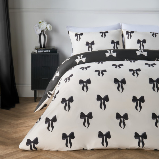 OHS Bow Print Reversible Duvet Cover Set, Monochrome -Double