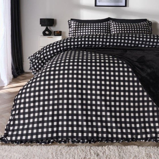 OHS Gingham Frill Duvet Cover Set, Monochrome - Single
