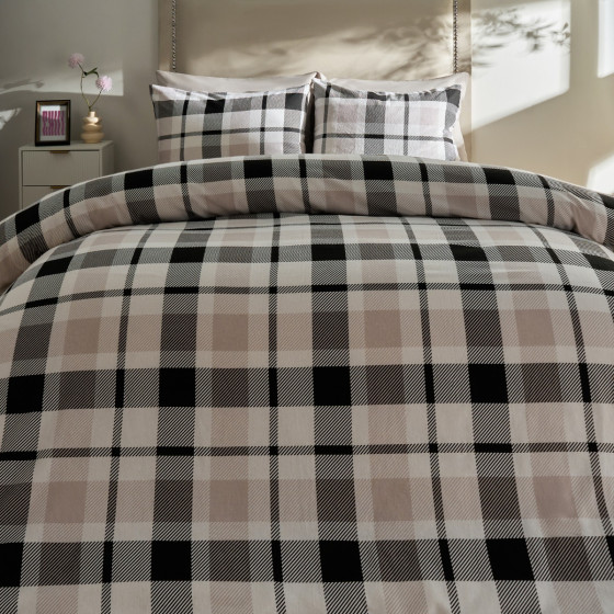 OHS Farmers Check Brushed Cotton Duvet Cover Set - Monochrome