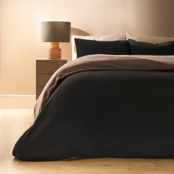 OHS Teddy Fleece Reversible Duvet Cover Set - Black/Natural