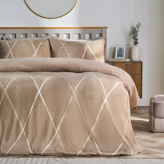 OHS Diamond Check Teddy Fleece Duvet Cover Set - Natural