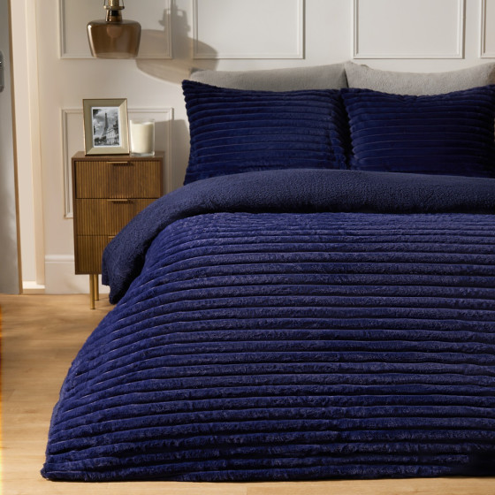 OHS Ribbed Faux Fur Duvet Cover Set - Navy
