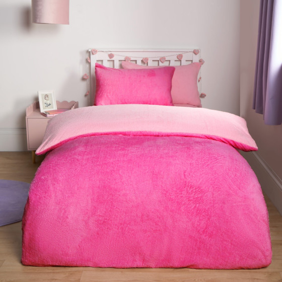 OHS Teddy Fleece Reversible Duvet Cover Set - Pink/ Bright Pink