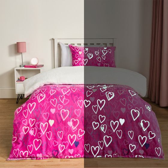 OHS Heart Printed Glow In The Dark Duvet Set - Pink