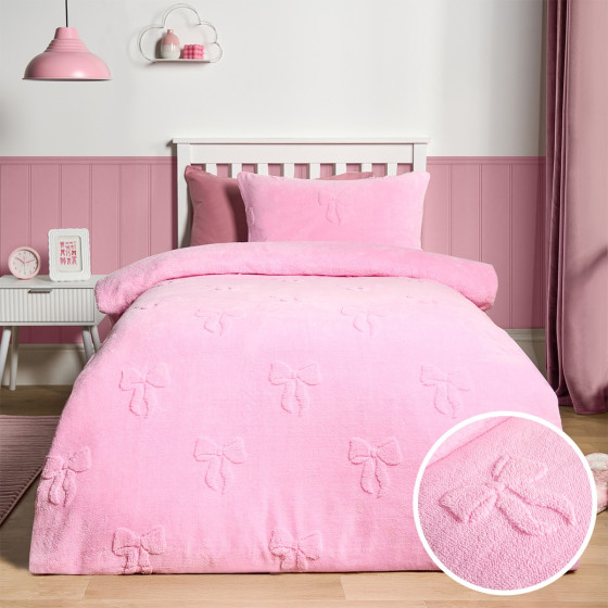 OHS Bows Tufted Teddy Fleece Duvet Cover Set, Pink - Single
