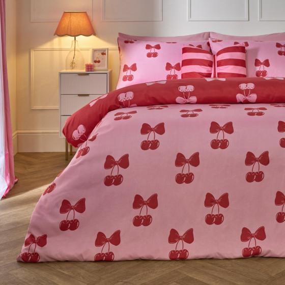 OHS Cherry Bow Print Reversible Duvet Cover Set - Pink/Red