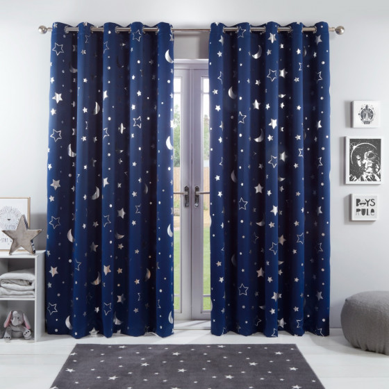 OHS Galaxy Star Kids Eyelet Blackout Curtains, Navy Blue - 66" x 54"