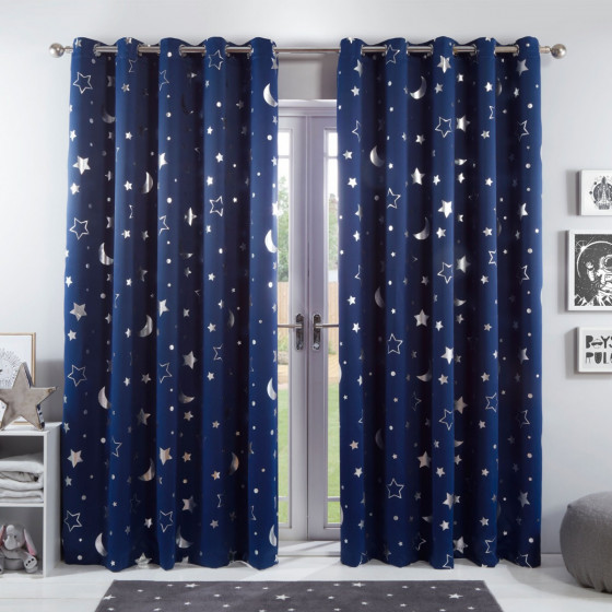 OHS Star Galaxy Kids Eyelet Blackout Curtains - Navy