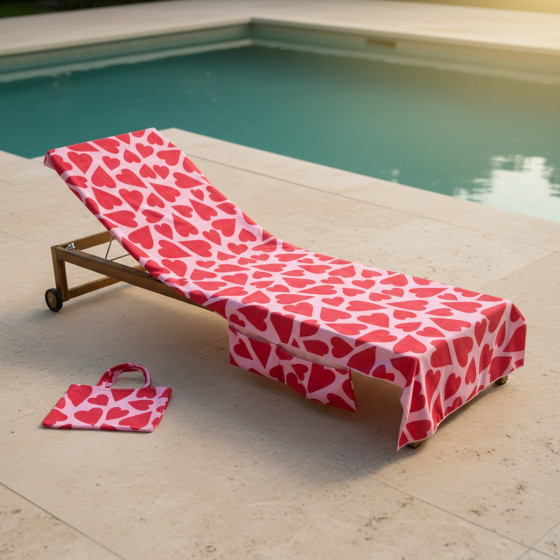OHS Heart Print Beach Towel in a Bag - Pink/Red