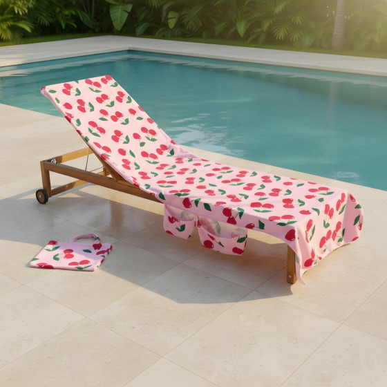 OHS Cherry Print Beach Towel in a Bag - Pink