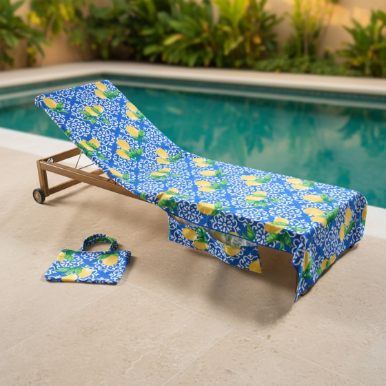 OHS Lemon Tile Print Beach Towel in a Bag - Blue/White