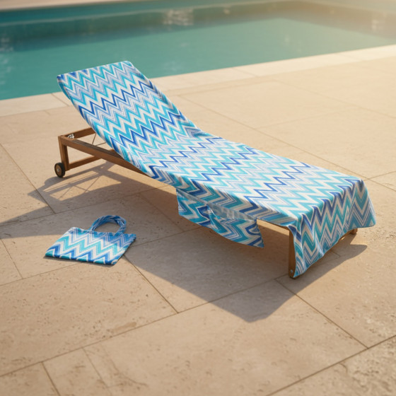 OHS Zigzag Print Beach Towel in a Bag - Blue