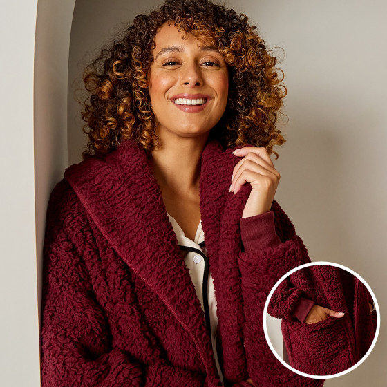 OHS Waterfall Teddy Fleece Cardigan - Burgundy