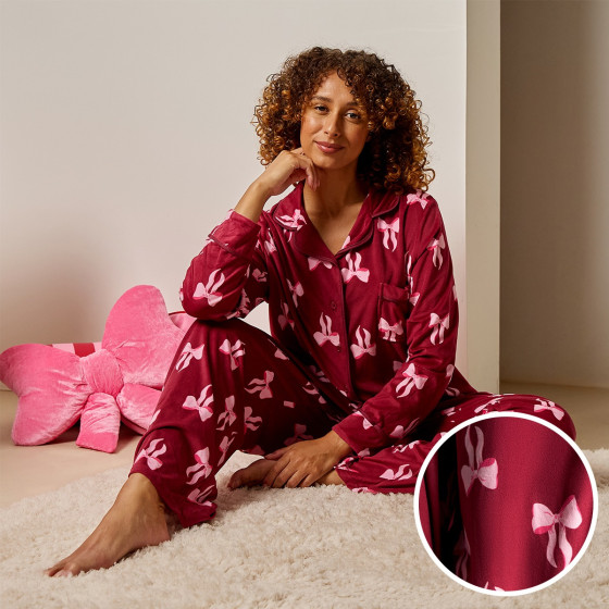 OHS Pink Bow Button Through Pyjama Set, Burgundy - Large/Extra Large