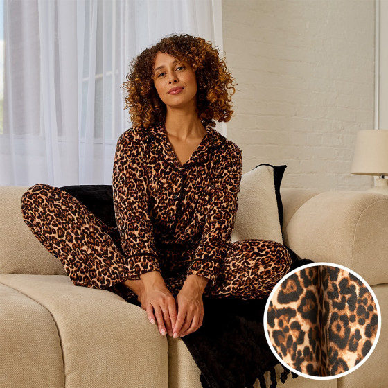 OHS Leopard Print Button Through Pyjama Set, Natural - Large/Extra Large