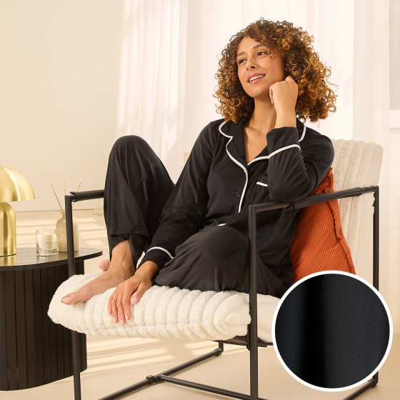 OHS Piped Button Through Pyjama Set - Black