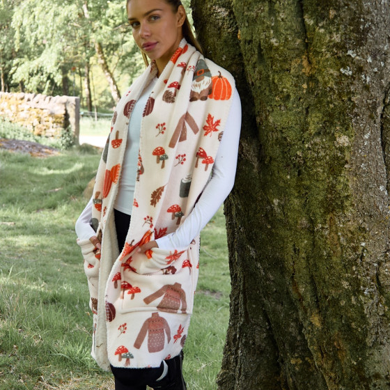 OHS Autumn Print Fleece Pocket Scarf - Beige