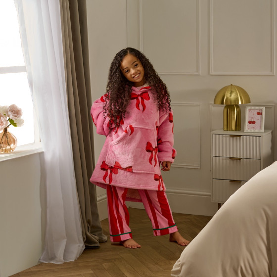OHS Kids Bow Print Hoodie Blanket - Pink