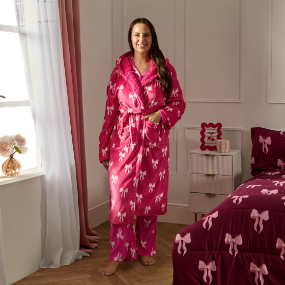 OHS Bow Print Dressing Gown, Adults - Hot Pink