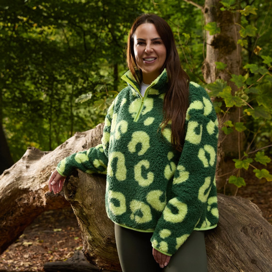 OHS Teddy Abstract Leopard Print Half Zip Fleece - Green