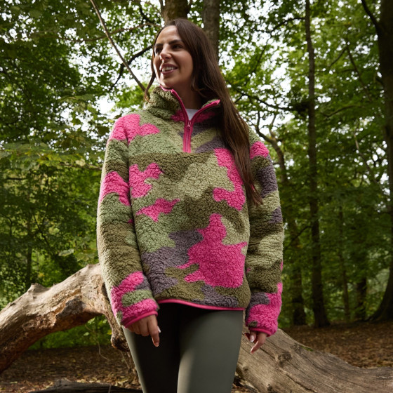 OHS Teddy Camo Print Half Zip Fleece - Pink/Green
