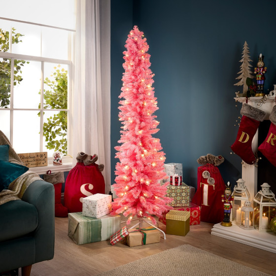 OHS Artificial Pencil Pre-Lit Christmas Tree with Warm White LEDs, Hot Pink - 6ft