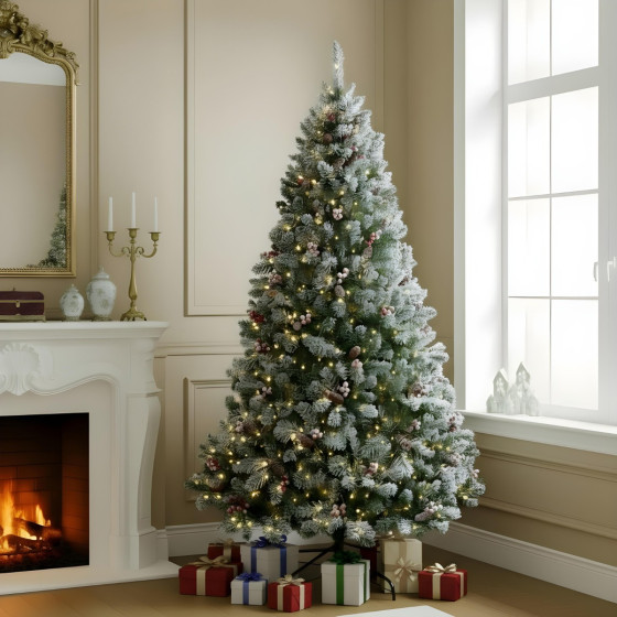 OHS Artificial Snowy Pre-Lit Christmas Tree with Warm White/Multi LEDs, Green - 7ft