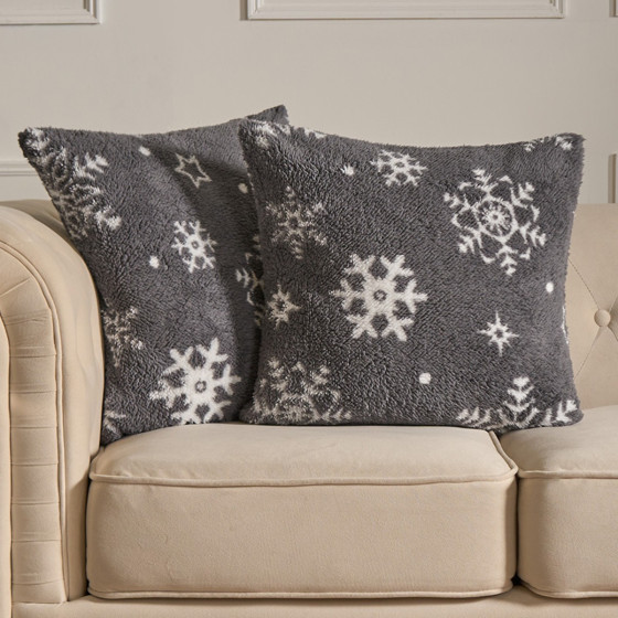 OHS Snowflake Print Teddy Cushion Covers - Grey