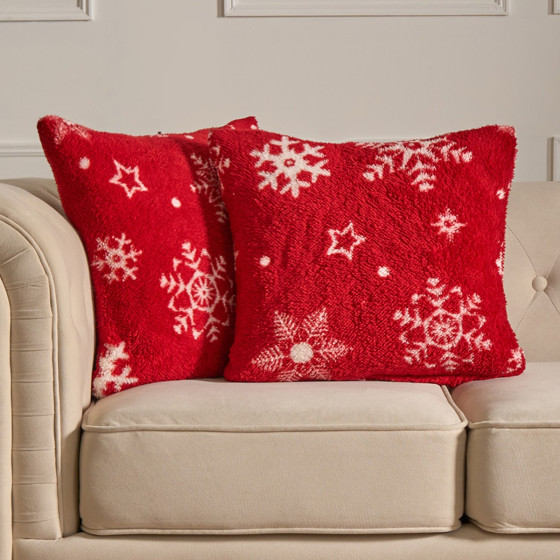 OHS Snowflake Print Teddy Cushion Covers - Red