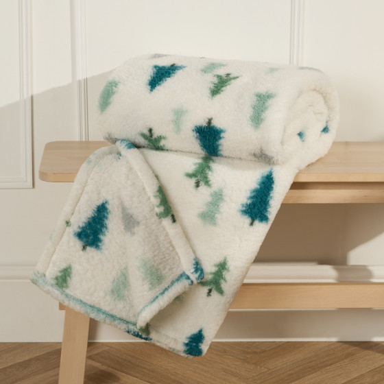 OHS Christmas Tree Print Teddy Throw - Cream