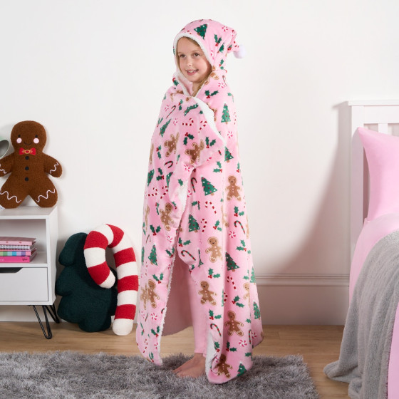 OHS Gingerbread Man Hooded Santa Blanket - Pink
