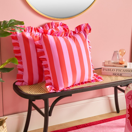 OHS Striped Frill Cushion Covers - Red/Pink