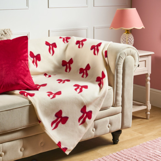 OHS Bow Print Fleece Throw - Cream/Red 