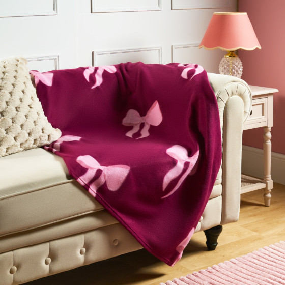 OHS Bow Print Fleece Throw - Burgundy/Pink