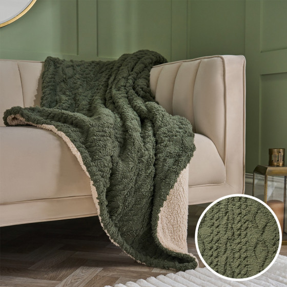 OHS Cable Knit Sherpa Throw, Woodland Green - 130 x 160cm