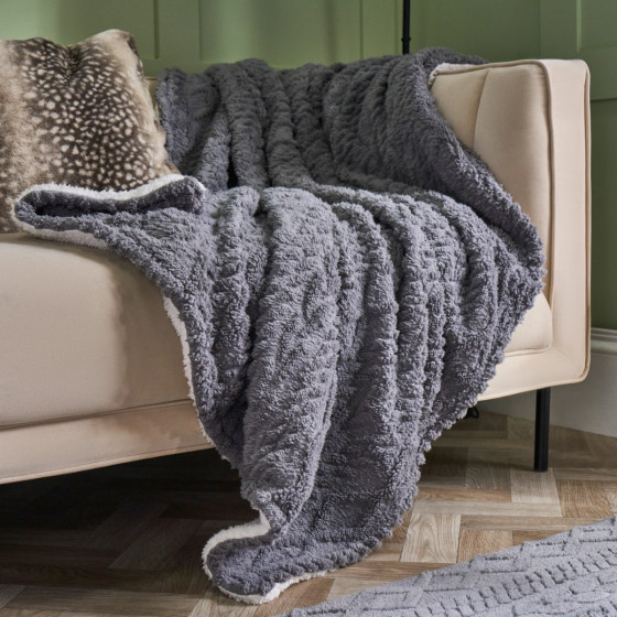 OHS Cable Knit Sherpa Throw, 130 x 160cm - Grey