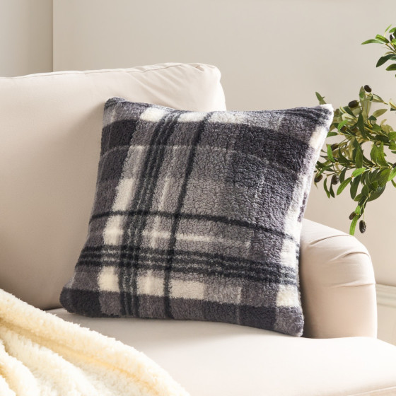 OHS Winter Check Teddy Cushion Covers - Charcoal