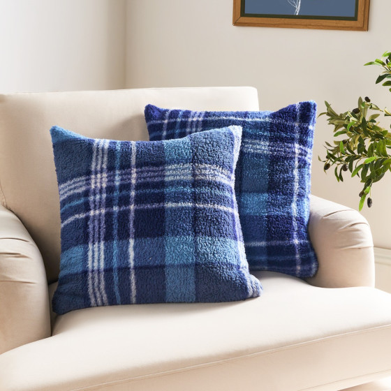 OHS Winter Check Teddy Cushion Covers - Navy