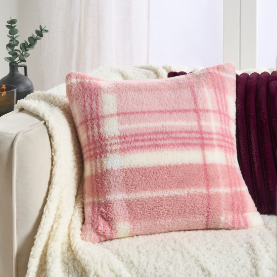 OHS Winter Check Teddy Cushion Covers - Blush