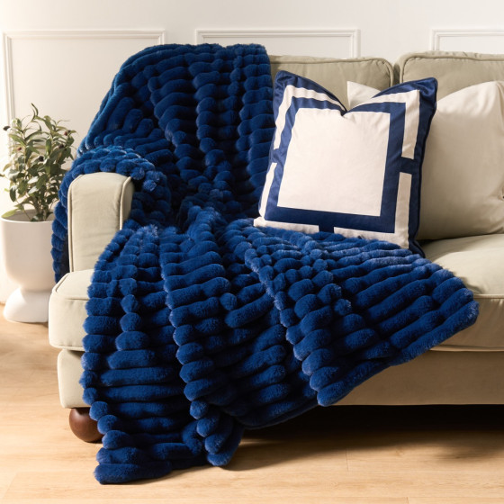 OHS Faux Fur Thick Ribbed Throw - Navy