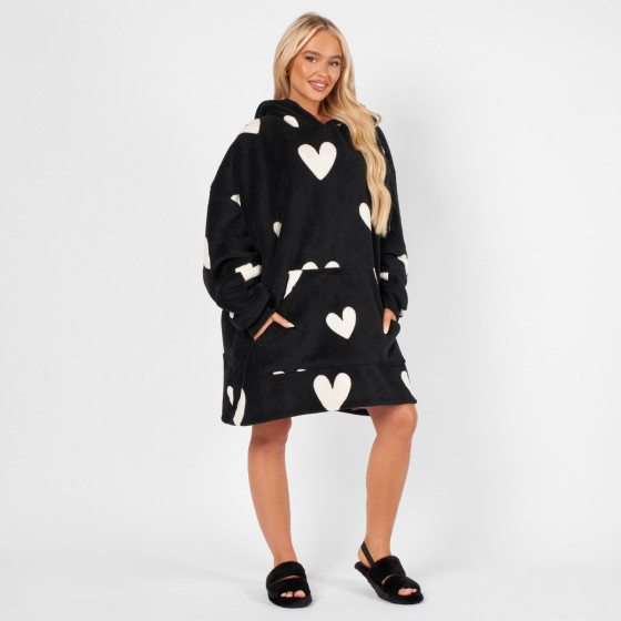 OHS Heart Print Hoodie Blanket - Black
