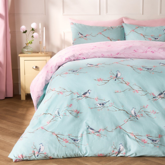 OHS Blossom Bird Duvet Set, Duck Egg Blue - Double