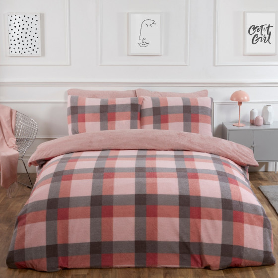 OHS Check Teddy Fleece Duvet Cover Set - Blush